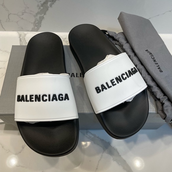 BALENCIAGA Women's Birublo Bicolor Logo Pool Slide Sandals 5 B/35 EU - Picture 4 of 14
